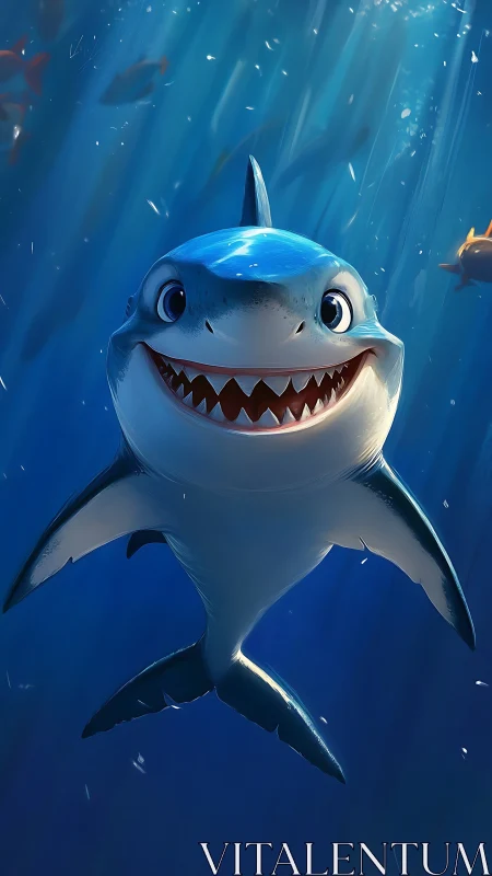 Smiling cartoon shark swimming in bright blue ocean.