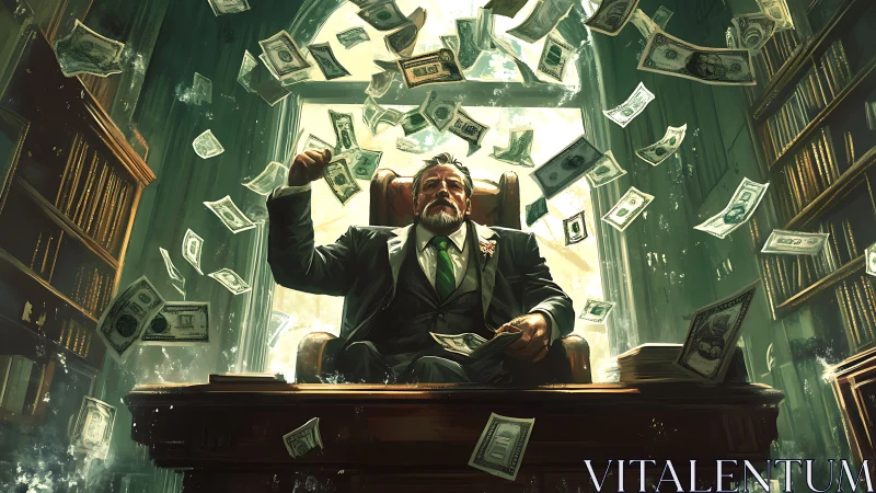 Lionhearted tycoon on his oak throne amid storming cashfall.