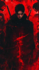 Dark swordsman silhouette in blood red abstract storm.