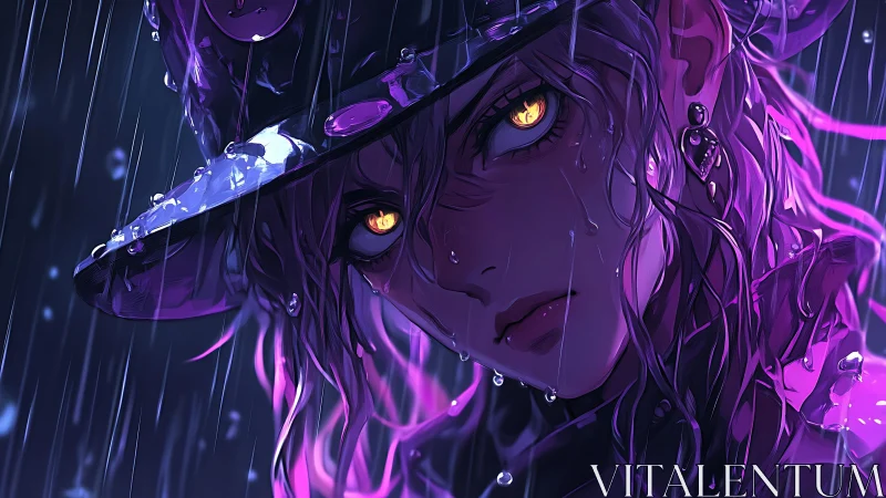 Stormlit gaze of a violet‑haired hunter in neon rain.