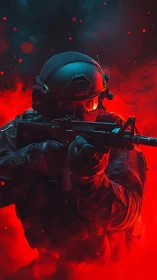 Armored tactical soldier advances through blazing red smoke.