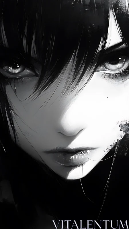 Monochrome portrait isolates intense female gaze in shadow