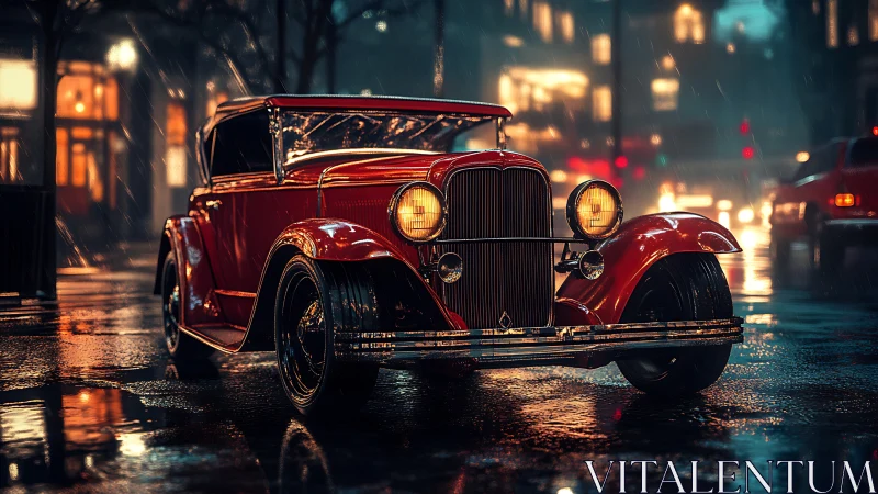 Red vintage coupe gleams on a rainy neon city street at night.