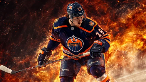 Intense ice hockey forward charging through flaming rink.