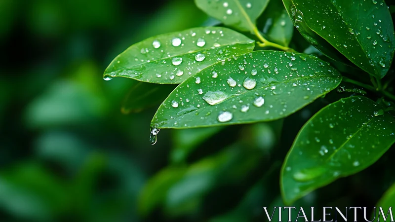 Glistening raindrops on vivid green leaves after rainfall.