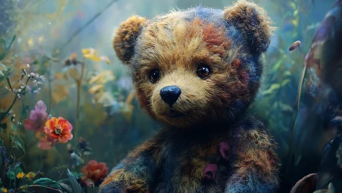 Teddy bear sits in detailed wildflower meadow environment