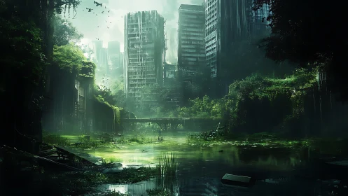 Overgrown high‑rise ruins surrounding stagnant urban waterway.
