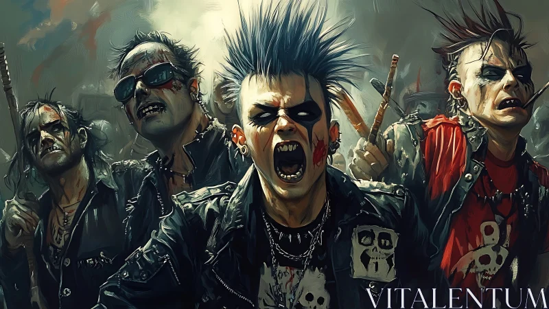 Riotous punk band screams amid smoke and urban chaos.