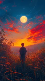 Teen watching vivid sunset and full moon horizon scene.