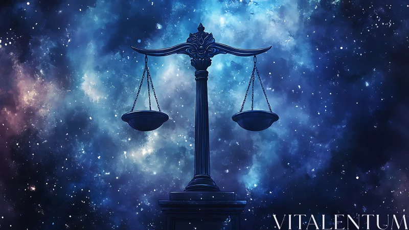 Cosmic justice scales glow within deep blue nebula sky.