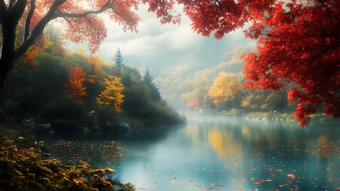 Autumn forest lake under mist with vivid red foliage reflections.
