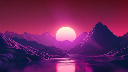 Neon sunset over stylized alien mountains and mirror lake.