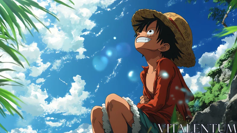 Straw hat boy gazes toward bright drifting summer sky.