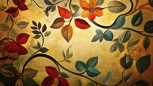 Chromatic vine network over textured ochre field surface.