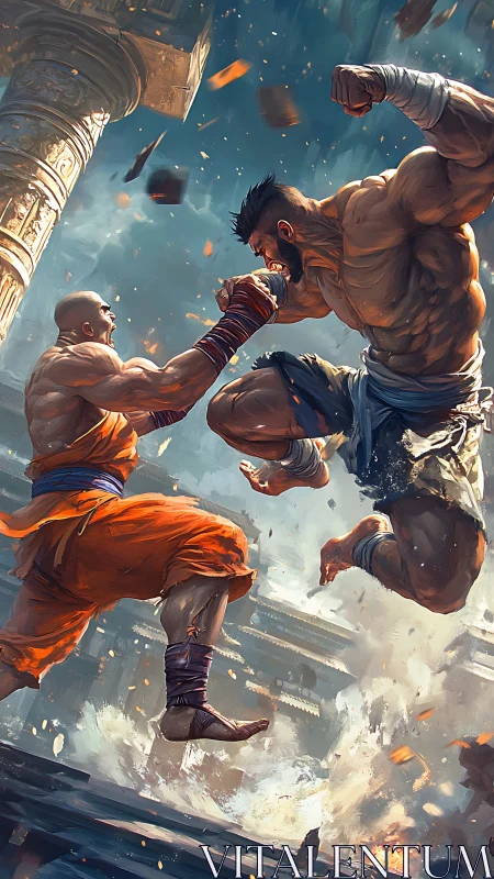 Skybound warriors lock fists as an ancient temple shatters