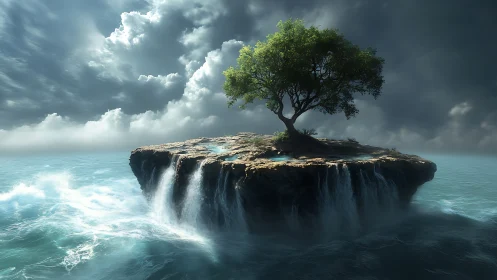 Solitary tree on floating rock plateau with cascading waterfall into turquoise ocean