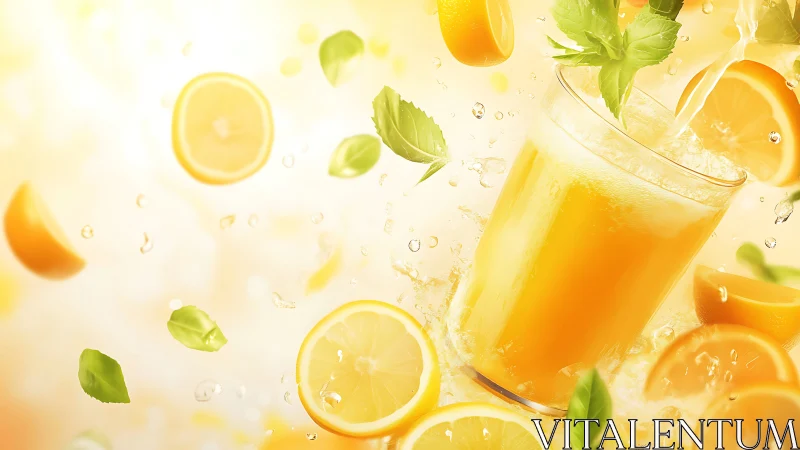 Glass of orange juice surrounded by citrus slices and mint leaves