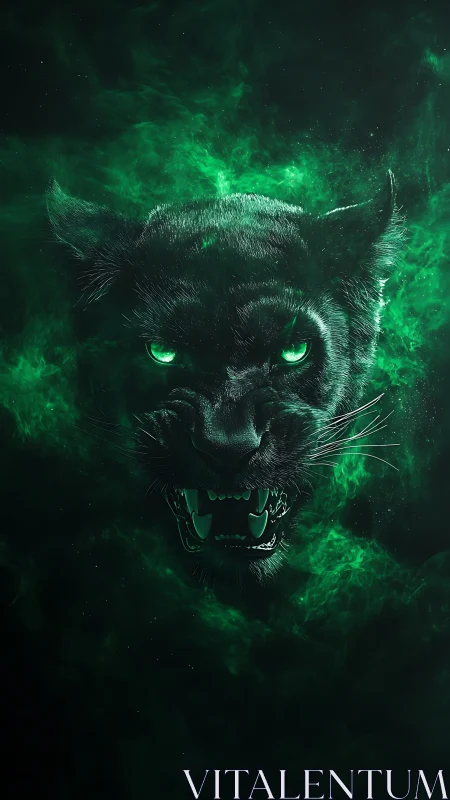 Emerald energy panther erupts from swirling cosmic haze.