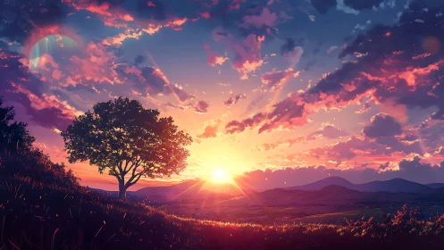 Solitary tree at radiant anime sunset over rolling hills.