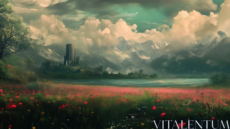 Mystic castle rises beyond a vivid poppy valley at dawn.