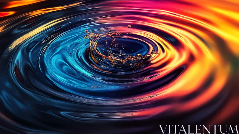 Vibrant liquid vortex with golden splash at color horizon.