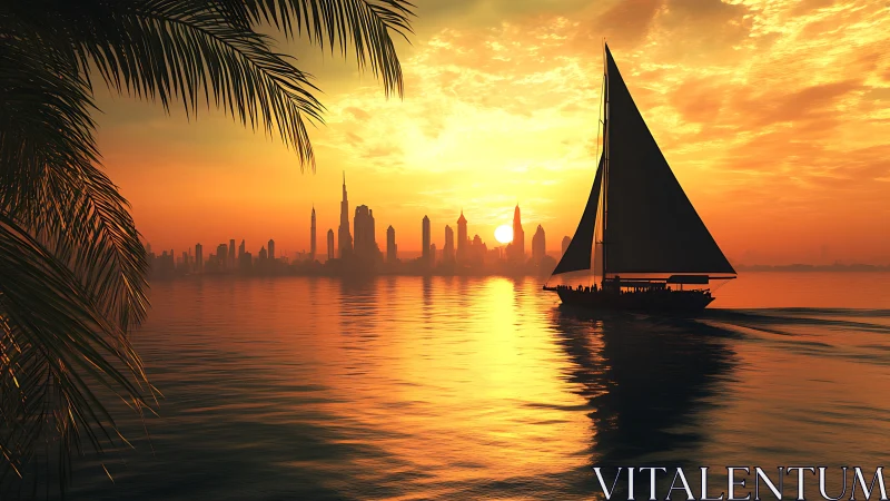 Sailboat crosses calm bay at sunset before distant skyline