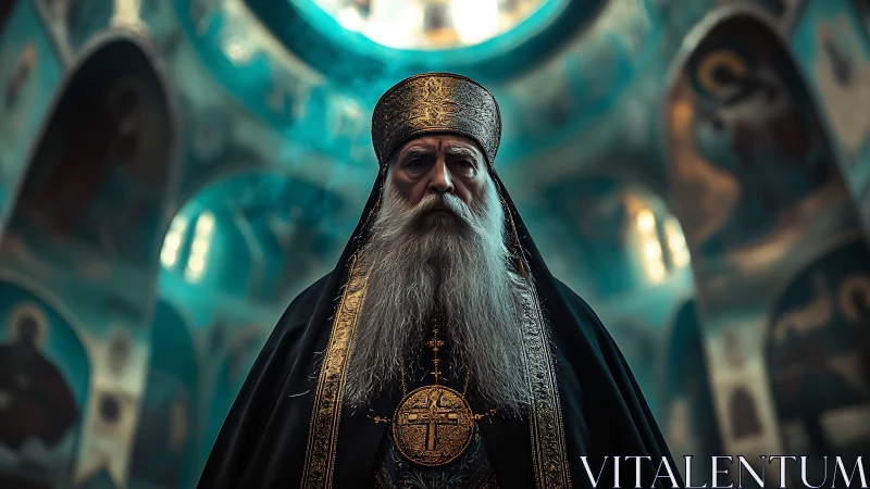 Orthodox patriarch stands beneath turquoise domed frescoes.