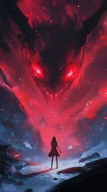 Silhouette faces large red spectral form in rocky landscape