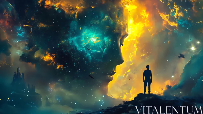 Stargazer meets a glowing cosmic spirit in swirling nebula.