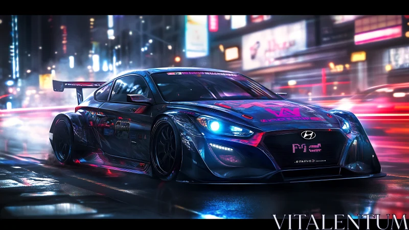 Neon street racer slices through electric midnight city rain.