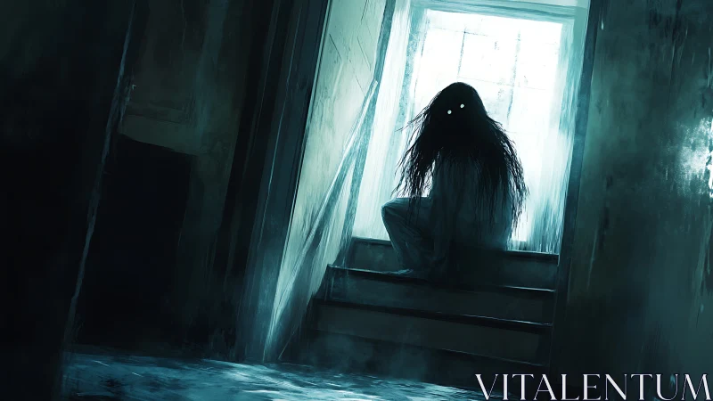 Stairway lurker with hollow eyes in washed out blue gloom.