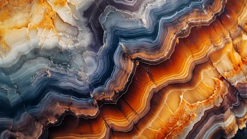 Layered agate cross-section reveals rich blue and amber bands