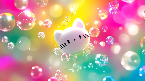 Cute Cartoon Cat Head Floating Among Colorful Bubbles, Digital Art.