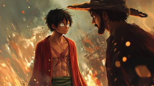 Fiery shore standoff between scarred youth and shadowed mentor.