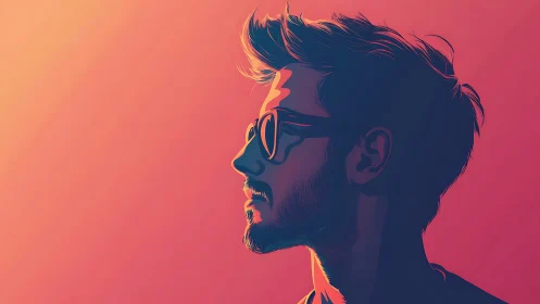Stylized profile portrait glows in bold neon sunset hues.
