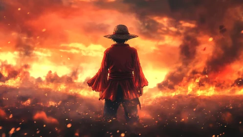 Straw hat wanderer stands before burning horizon at dusk.