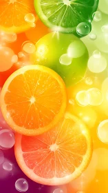 Citrus fruit slices with bubbles on multicolor gradient background.
