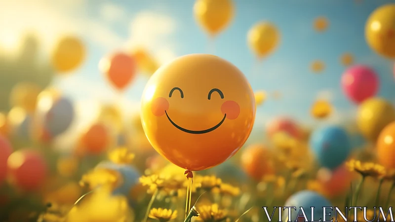 Smiling yellow balloon drifting over sunlit wildflower meadow.