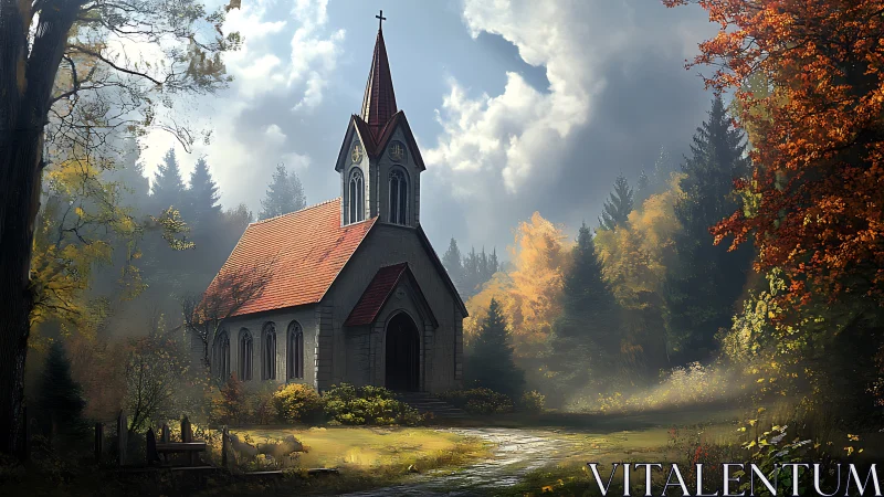 Gothic revival chapel in misty autumn forest clearing light