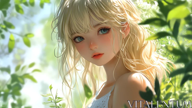 Blonde female character portrait in soft outdoor greenery.
