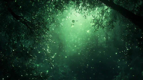 Luminescent Canopy: Ethereal Forest Glow Through Verdant Leaves.
