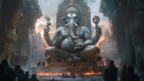 Colossal Ganesha statue dominates cavernous temple courtyard