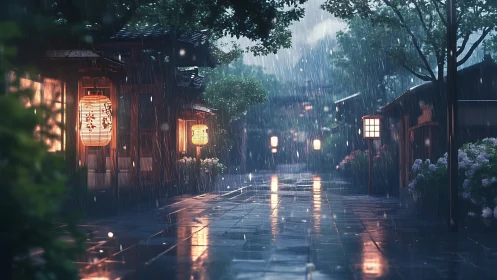 Rainy lantern street glowing with calm evening warmth.