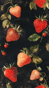 Strawberry plant illustration pattern on dark textured field.