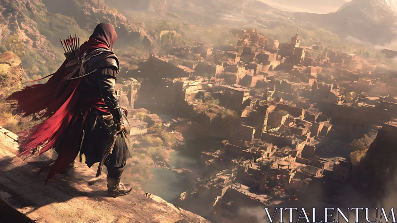 Lone wanderer overlooking a sunlit ancient desert city.