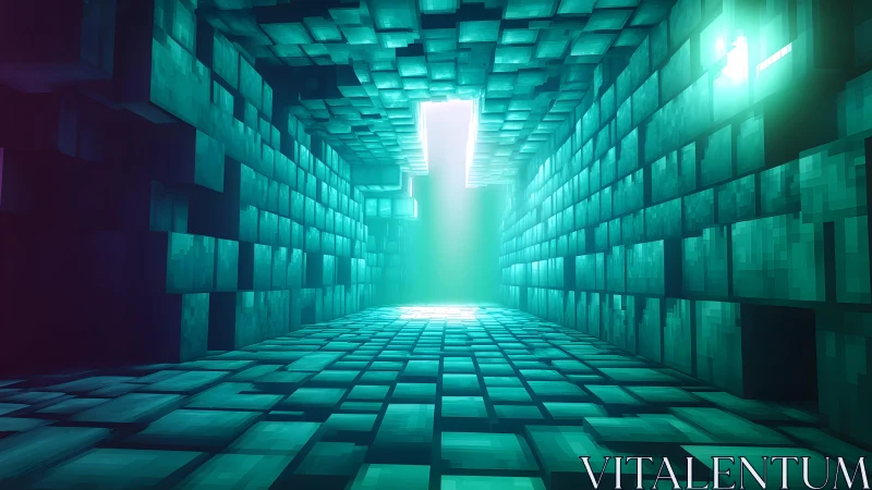 Futuristic teal digital tunnel with glowing light, 3D pixel art style.
