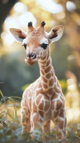 Curious baby giraffe exploring a sunlit grassy meadow.