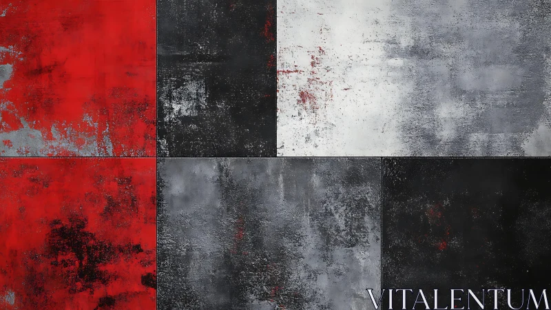 Grungy Red, Black, and Gray Abstract Squares Wall Art Pattern.