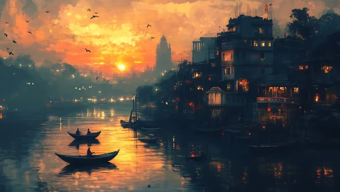 Golden river sunset gently cradles boats and glowing homes