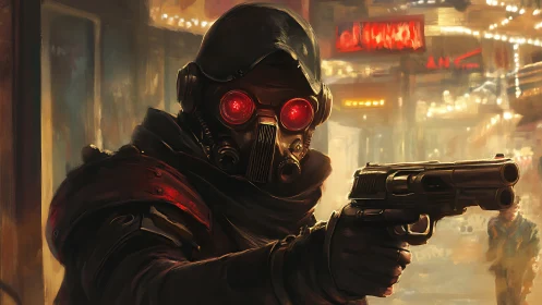 Masked gunman aims pistol under neon lights in hazy alley